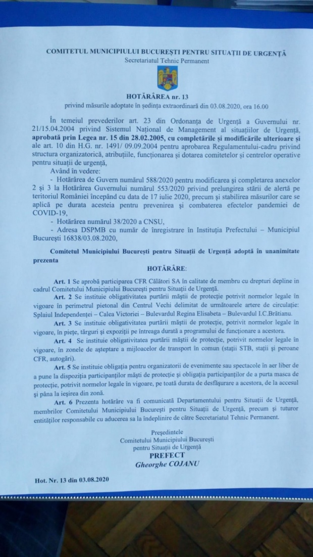 Document oficial! Masca de protecție, obligatorie și în aer liber, în București! Zonele în care trebuie purtată începând de mâine